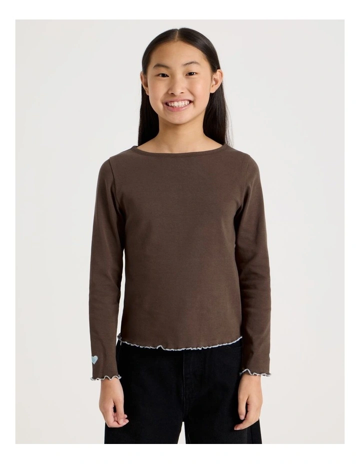 Rib Top With Heart Embroidery in Brown image 4