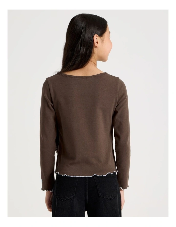 Rib Top With Heart Embroidery in Brown image 5