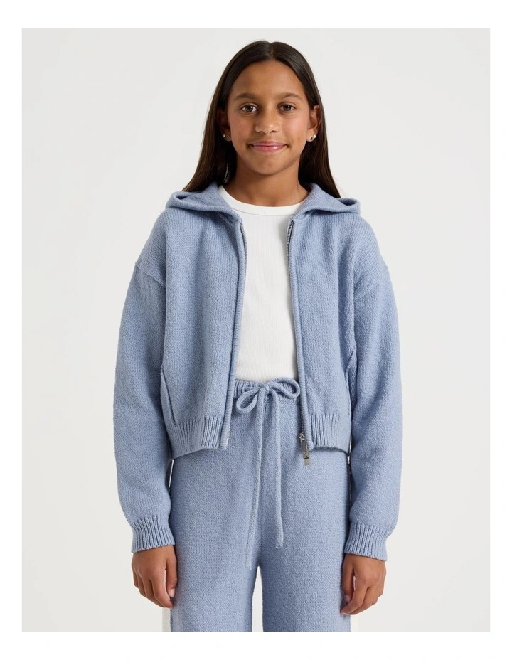 Knitted Zip Thur Hoodie in Blue image 2