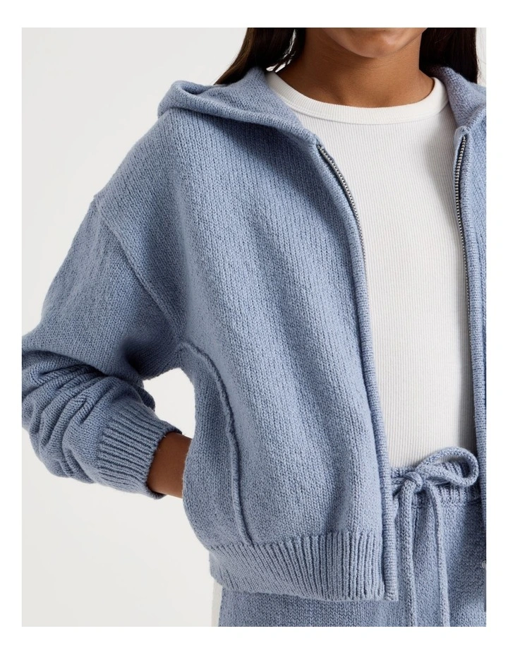 Knitted Zip Thur Hoodie in Blue image 3