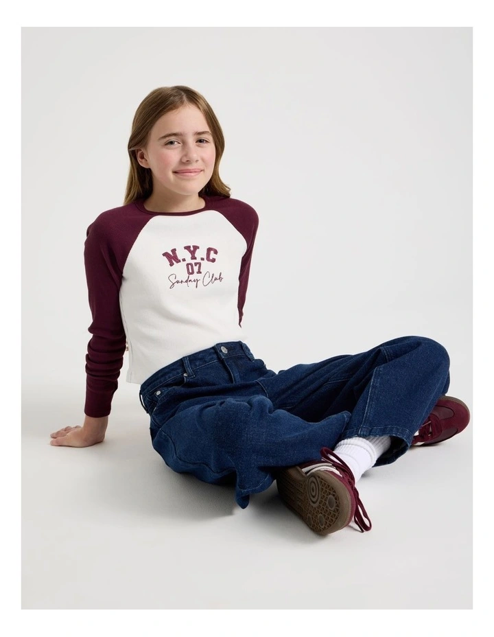 Raglan Sleeve Rib Top With NYC Embrodery in Ecru image 1