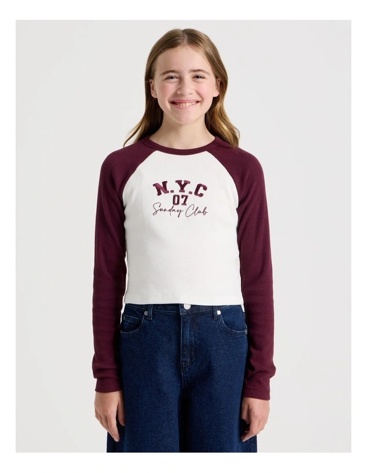 Raglan Sleeve Rib Top With NYC Embrodery in Ecru image 3