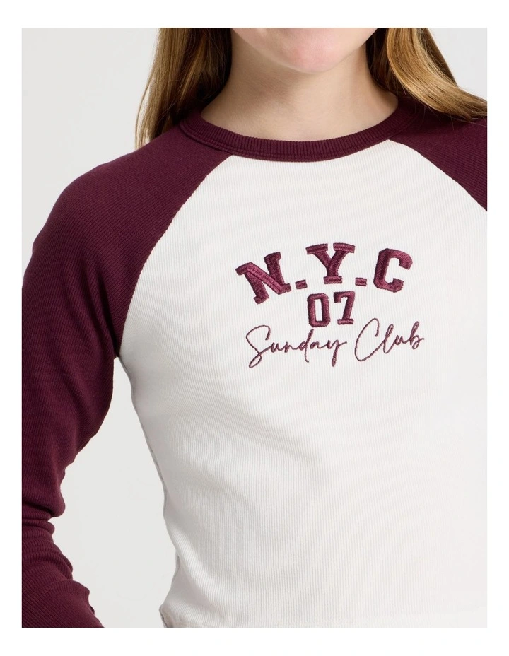 Raglan Sleeve Rib Top With NYC Embrodery in Ecru image 5
