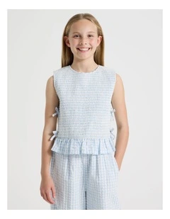 Gingham Shirred Top with Peplem in Light Blue