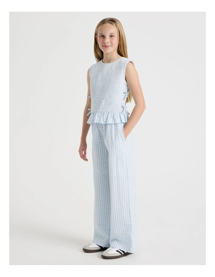 Gingham Shirred Top with Peplem in Light Blue image 2
