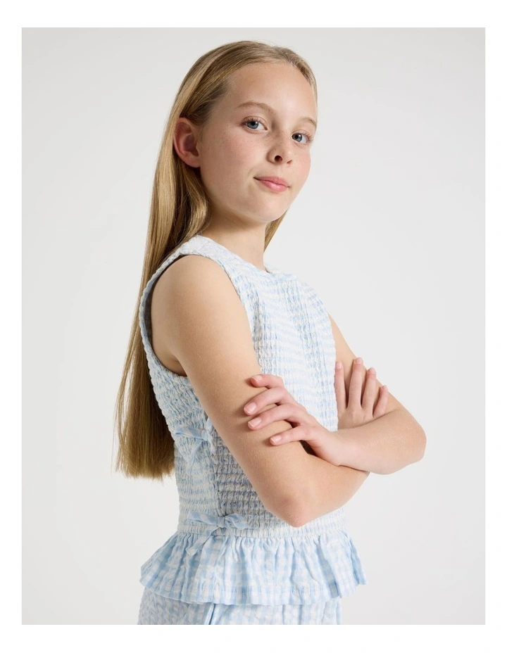 Gingham Shirred Top with Peplem in Light Blue image 3