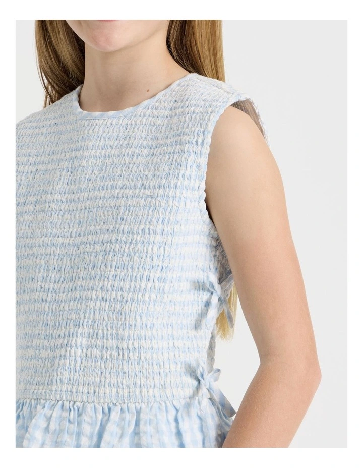 Gingham Shirred Top with Peplem in Light Blue image 4
