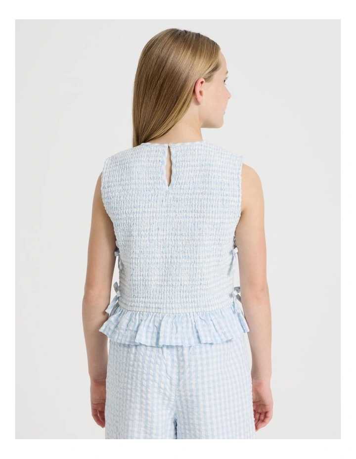 Gingham Shirred Top with Peplem in Light Blue image 5