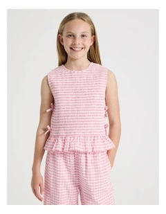 Gingham Shirred Top with Peplem And Tie Details in Pink