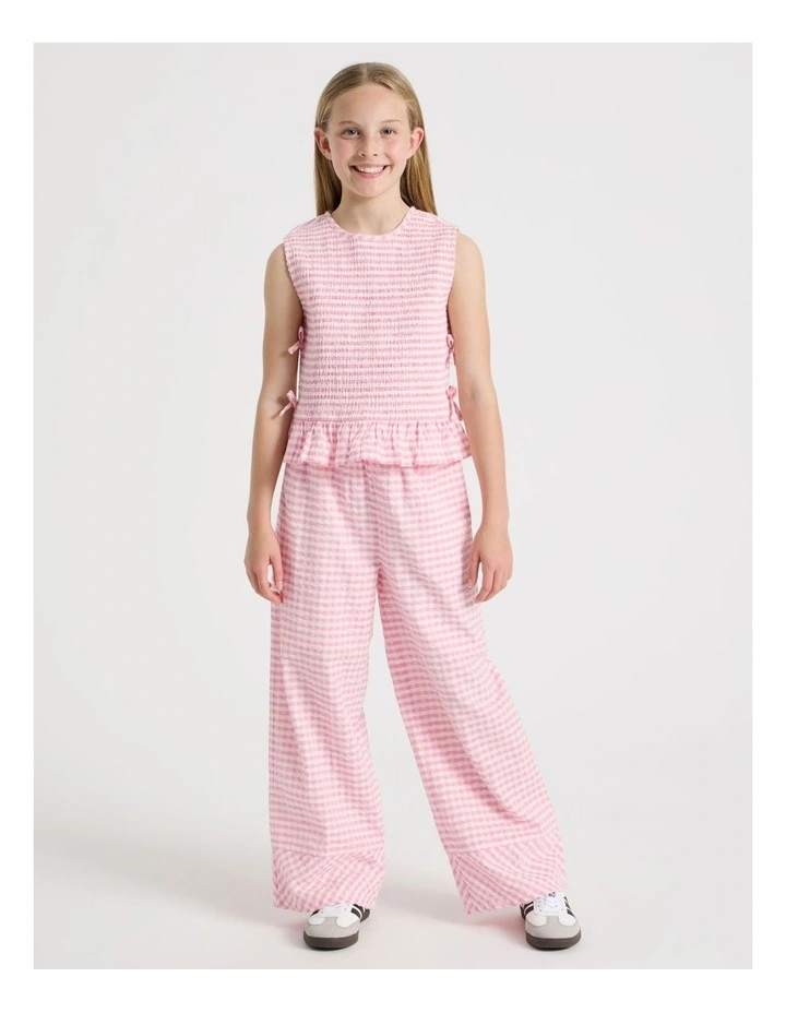 Gingham Shirred Top with Peplem And Tie Details in Pink image 2
