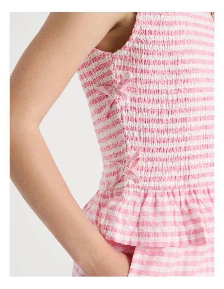 Gingham Shirred Top with Peplem And Tie Details in Pink image 3