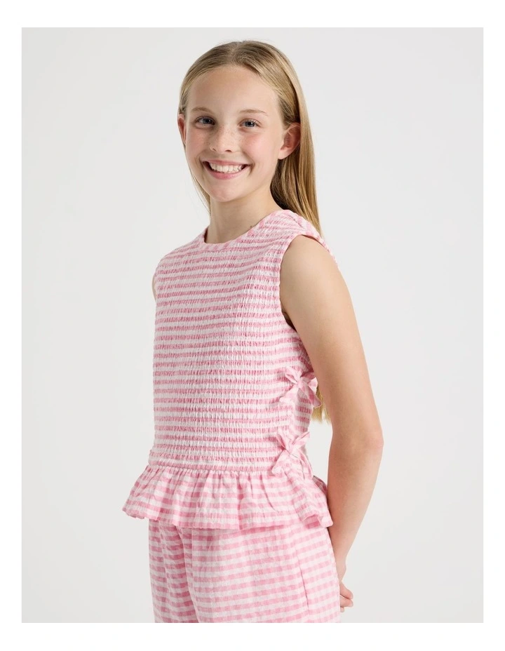 Gingham Shirred Top with Peplem And Tie Details in Pink image 4