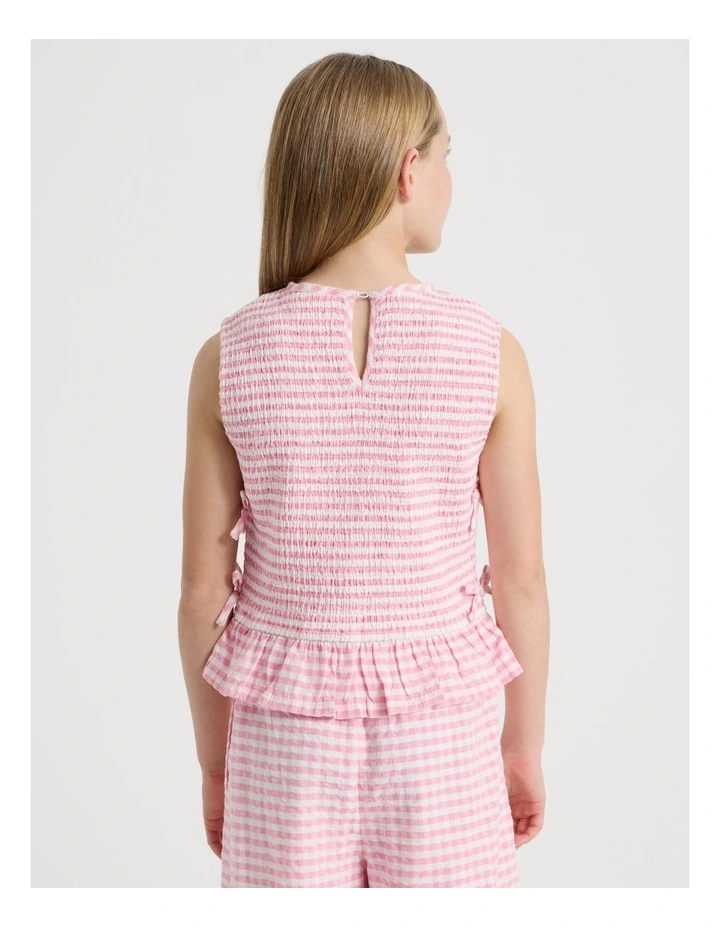 Gingham Shirred Top with Peplem And Tie Details in Pink image 5