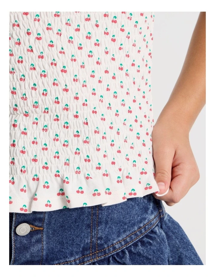 Wide Shirred Top With Frill Hem & Heart Print in Ecru image 3