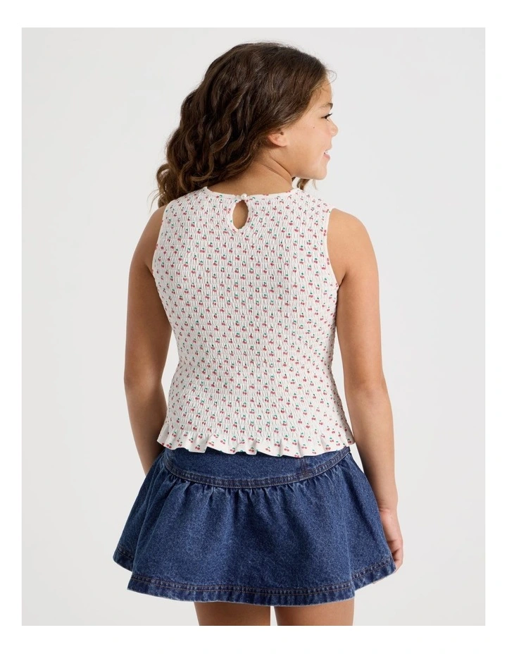 Wide Shirred Top With Frill Hem & Heart Print in Ecru image 5