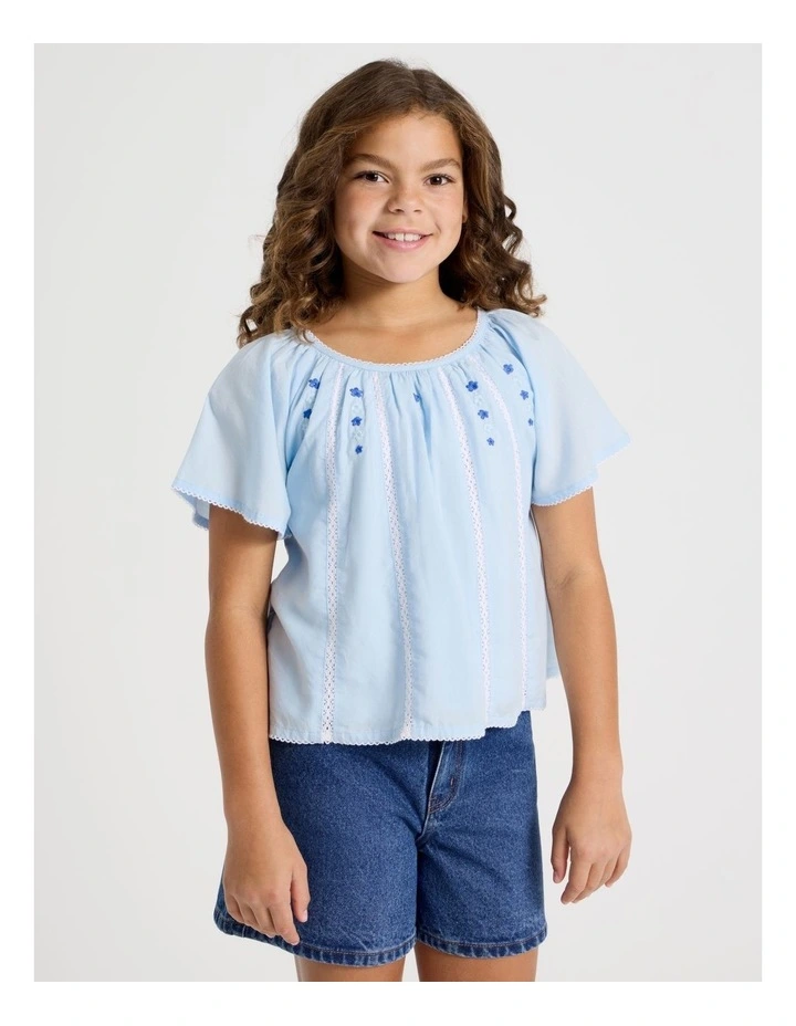 Loose Fit Top with Embroidery and Lace Inserts in Light Blue image 1