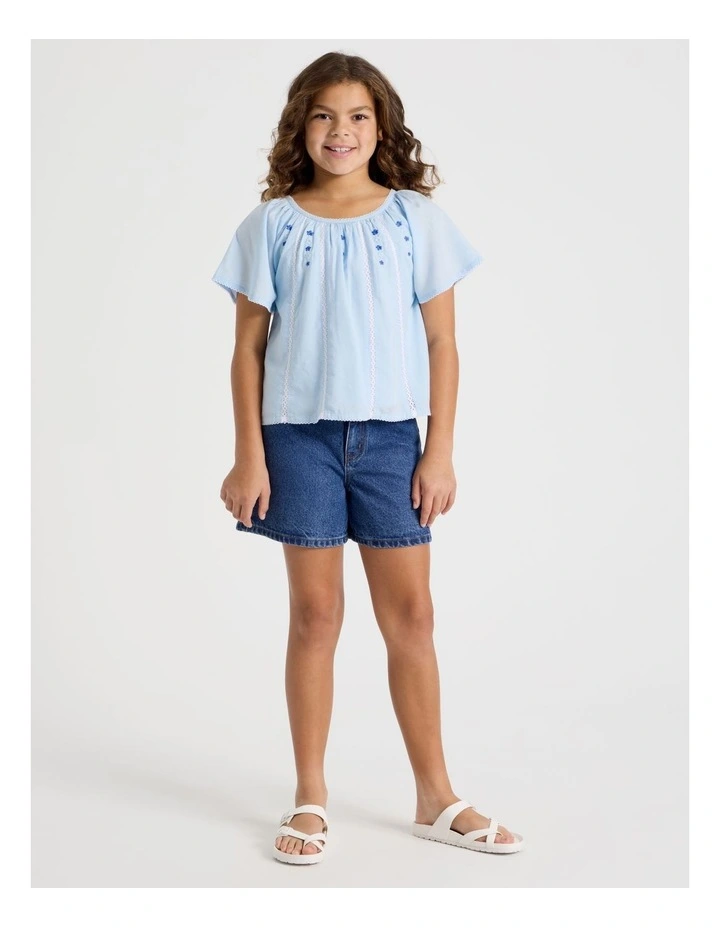 Loose Fit Top with Embroidery and Lace Inserts in Light Blue image 2