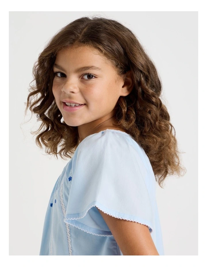 Loose Fit Top with Embroidery and Lace Inserts in Light Blue image 4