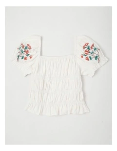 Shirred Bodice Puff Sleeve Top in White