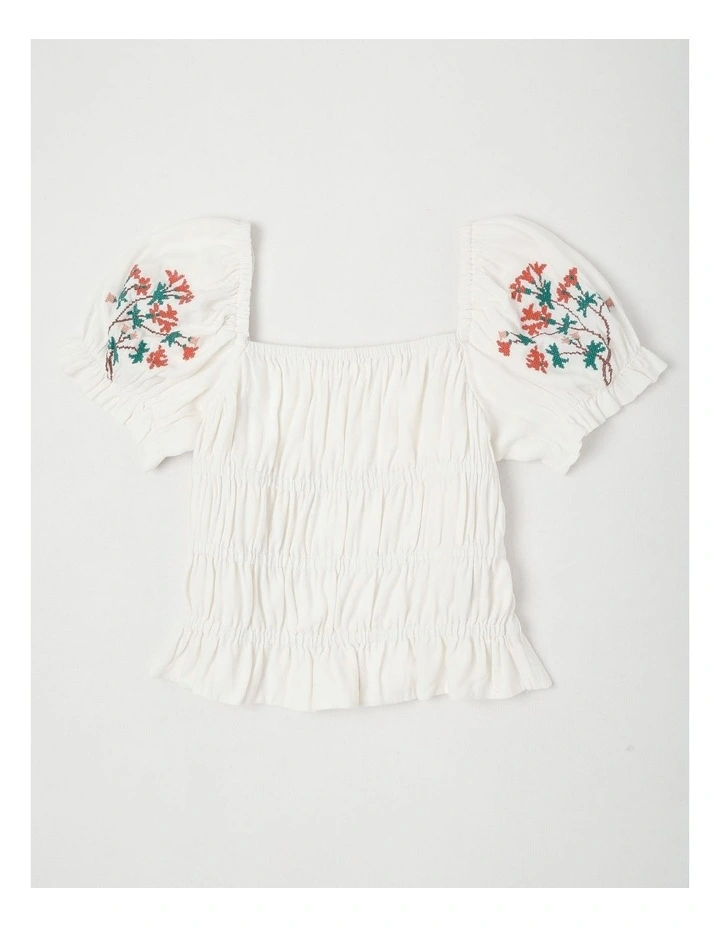 Shirred Bodice Puff Sleeve Top in White image 1