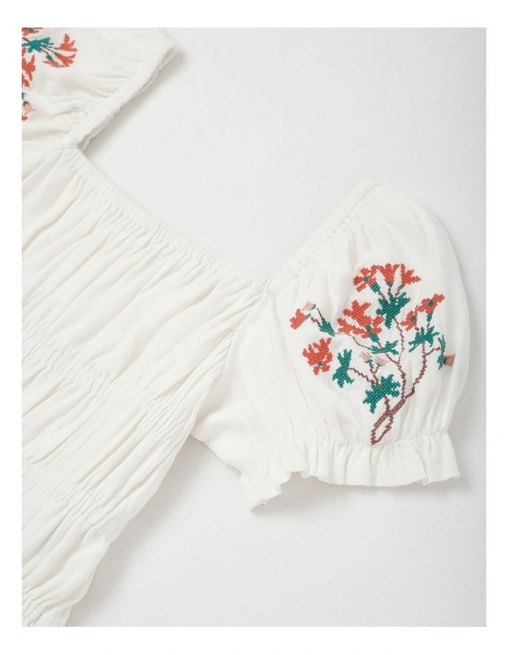 Shirred Bodice Puff Sleeve Top in White image 2