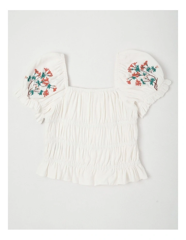 Shirred Bodice Puff Sleeve Top in White image 3