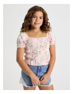 Shirred Bodice Puff Sleeve Top in Floral/Light Pink