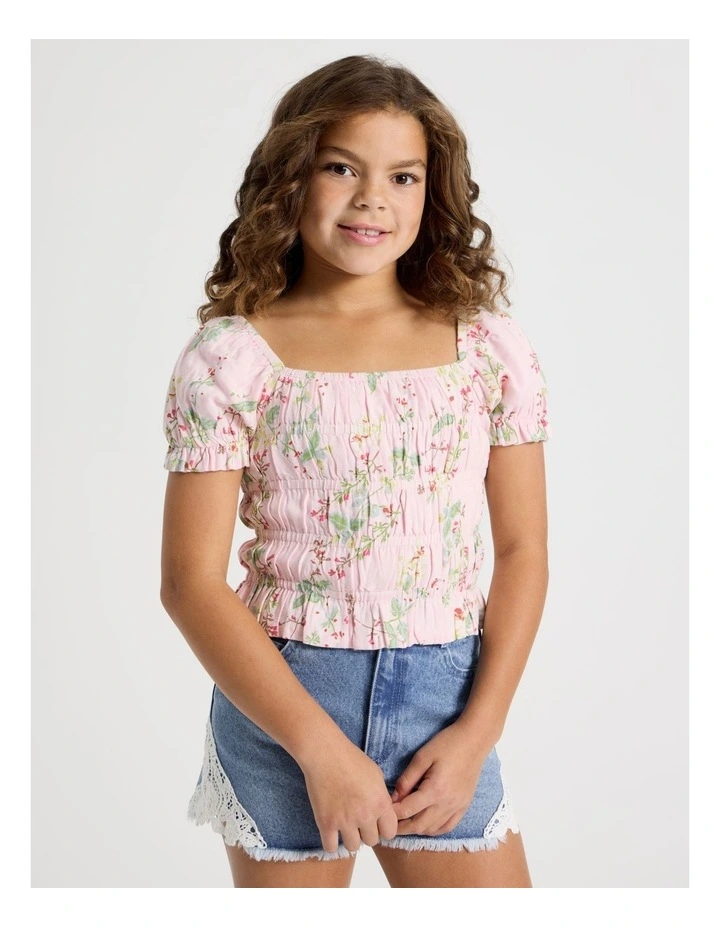 Shirred Bodice Puff Sleeve Top in Floral/Light Pink image 1