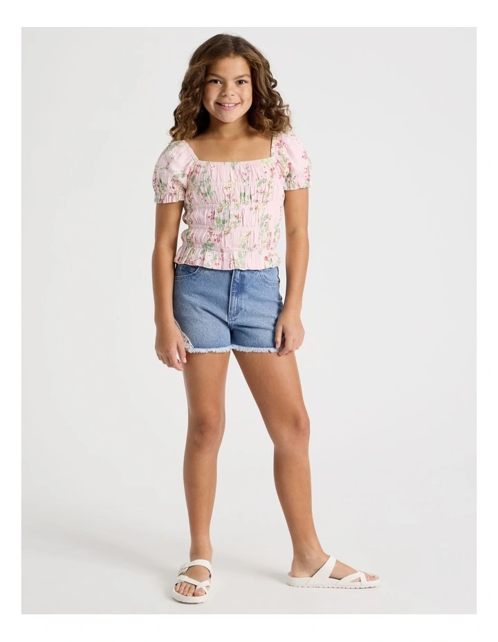 Shirred Bodice Puff Sleeve Top in Floral/Light Pink image 2