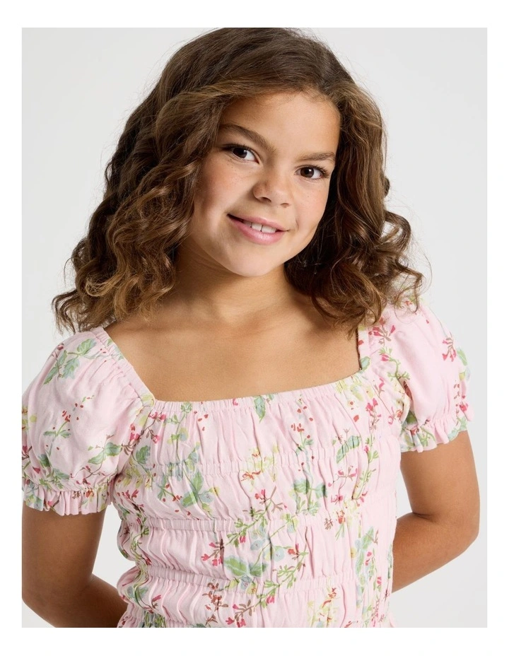 Shirred Bodice Puff Sleeve Top in Floral/Light Pink image 3