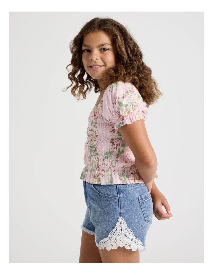 Shirred Bodice Puff Sleeve Top in Floral/Light Pink image 4