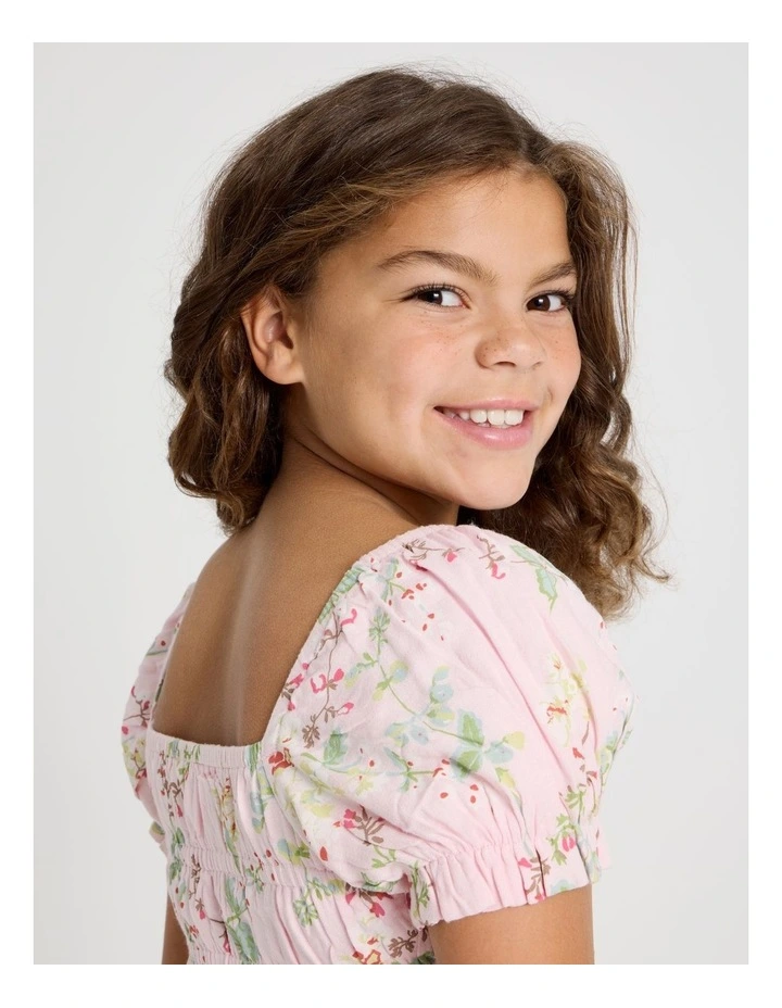Shirred Bodice Puff Sleeve Top in Floral/Light Pink image 5
