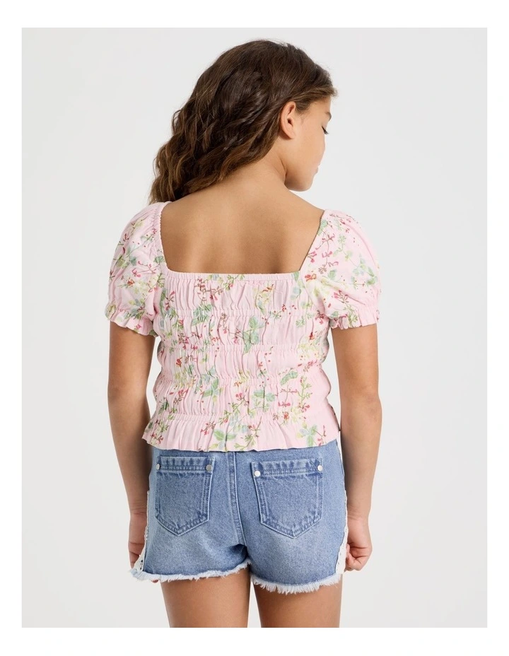 Shirred Bodice Puff Sleeve Top in Floral/Light Pink image 6