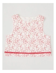 Woven Sleeveless Top with Heart Chain Embroidery & Lace Detail in Ecru