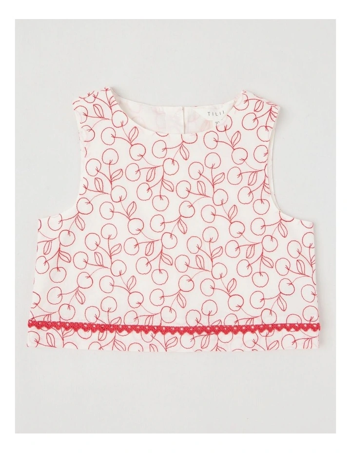 Woven Sleeveless Top with Heart Chain Embroidery & Lace Detail in Ecru image 1