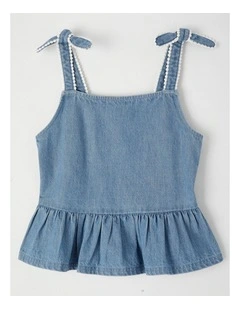 Denim Top with Peplum Hem & Bobble Ties in Mid Wash