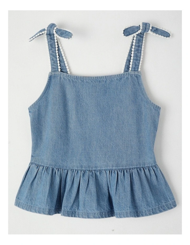 Denim Top with Peplum Hem & Bobble Ties in Mid Wash image 1