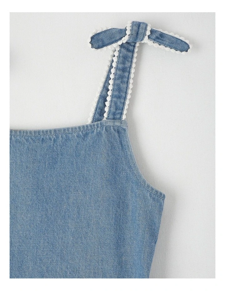 Denim Top with Peplum Hem & Bobble Ties in Mid Wash image 2