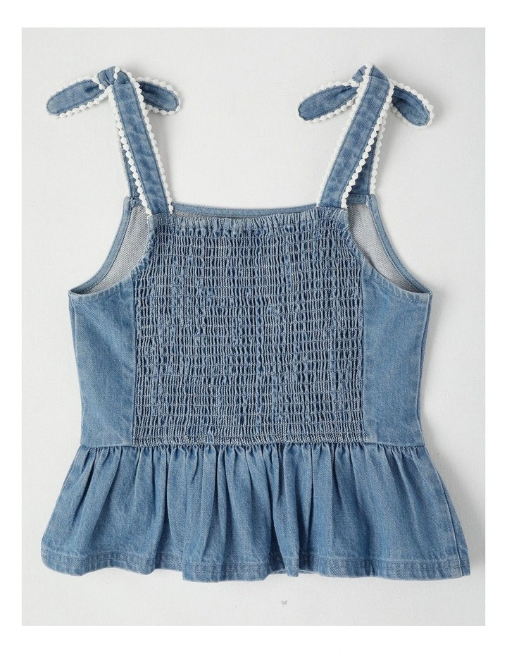 Denim Top with Peplum Hem & Bobble Ties in Mid Wash image 3