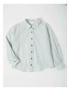 Long Sleeve Stripe Button Through Shirt in Blue