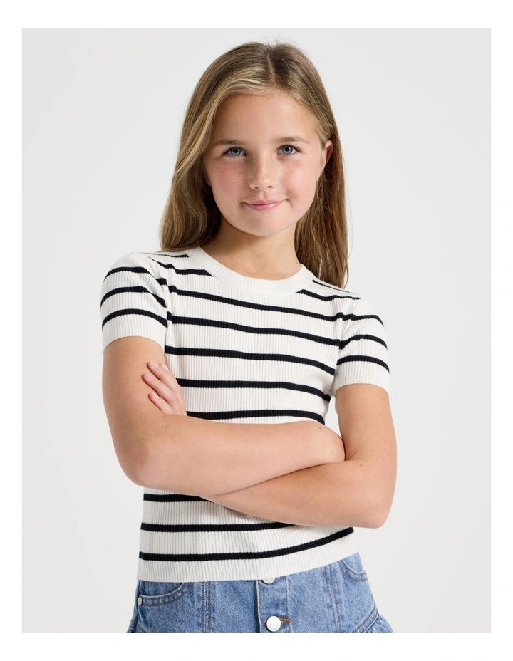 Knitted Stripe Top in White/Black image 1