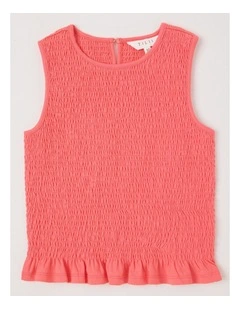 Wide Shirred Top With Frill Hem in Red