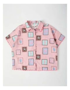 Short Sleeve Button Shirt with Tile Print in Pink