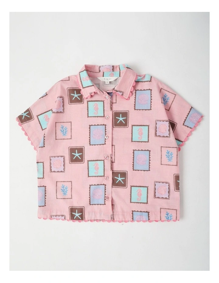 Short Sleeve Button Shirt with Tile Print in Pink image 1
