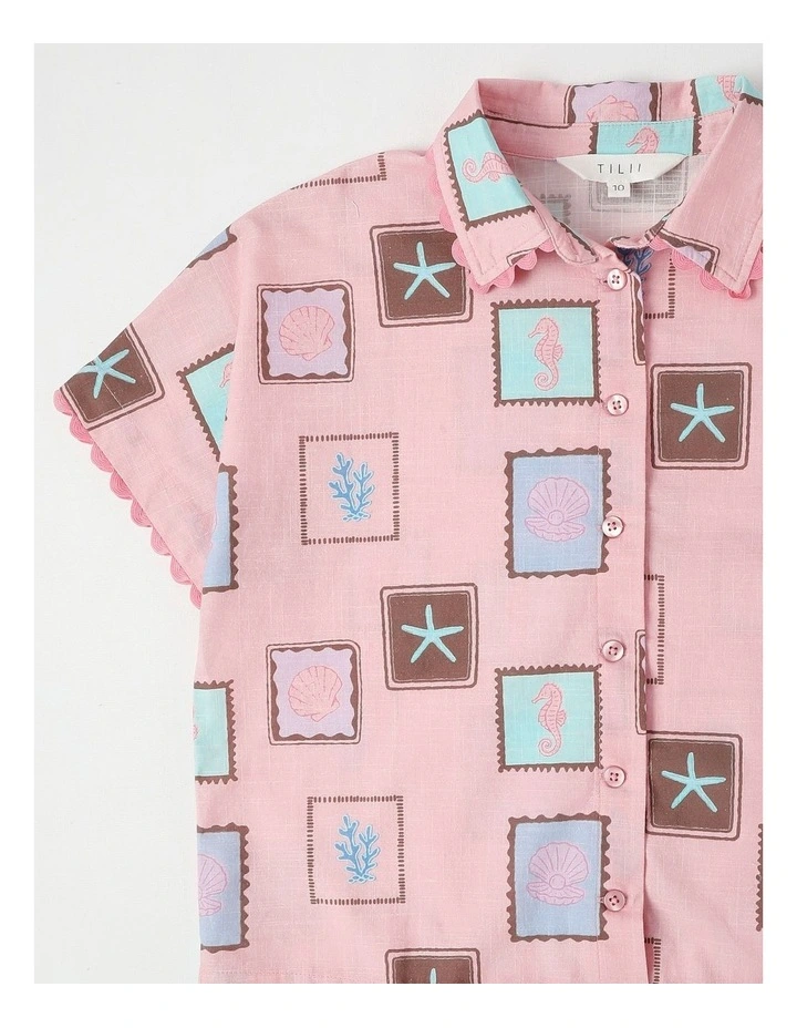 Short Sleeve Button Shirt with Tile Print in Pink image 2