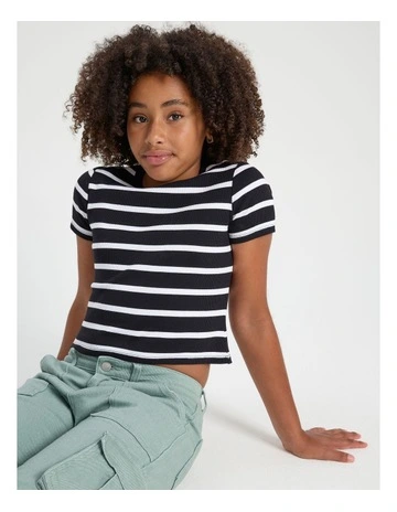 Short Sleeve Rib Top in Black and White Stripe