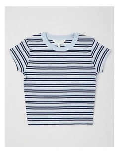 The Edit Rib Tee with Yardage Stripe in Light Blue