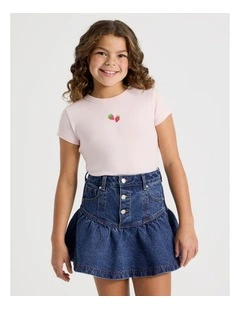The Edit Rib Tee with Strawberry Embroidery in Light Pink