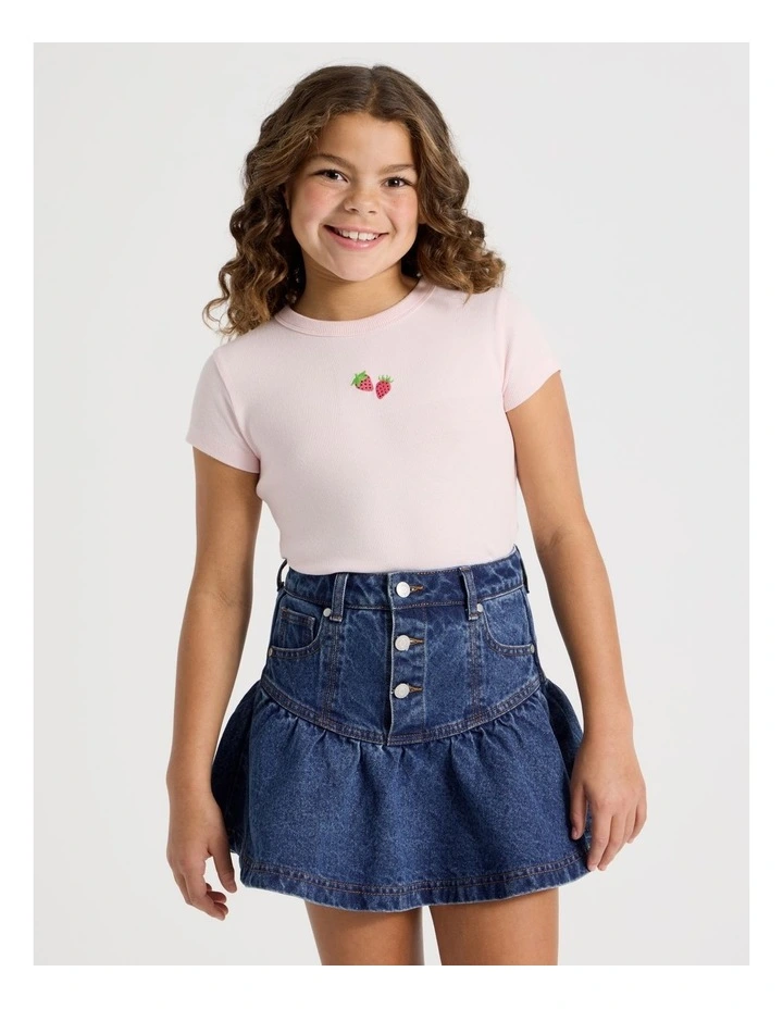 The Edit Rib Tee with Strawberry Embroidery in Light Pink image 1