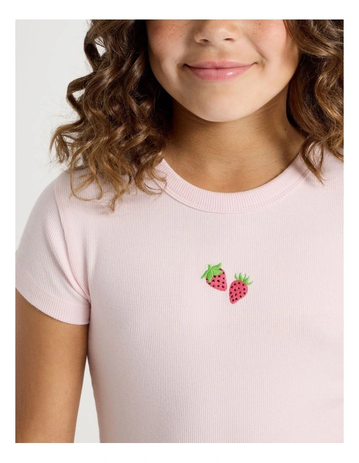 The Edit Rib Tee with Strawberry Embroidery in Light Pink image 3